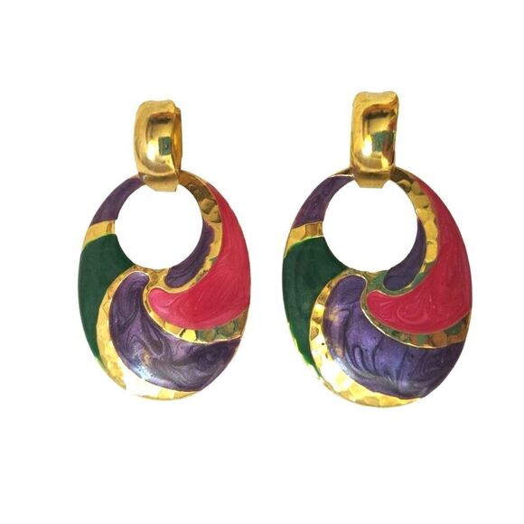 Vintage Swirl Enamel Oval Halo Dangle Earrings Gold Purple Red Green Posts - Picture 1 of 2